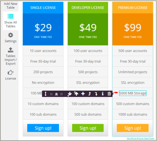 Cells menu in WordPress Pricing Table Cells menu in WordPress Pricing Table
