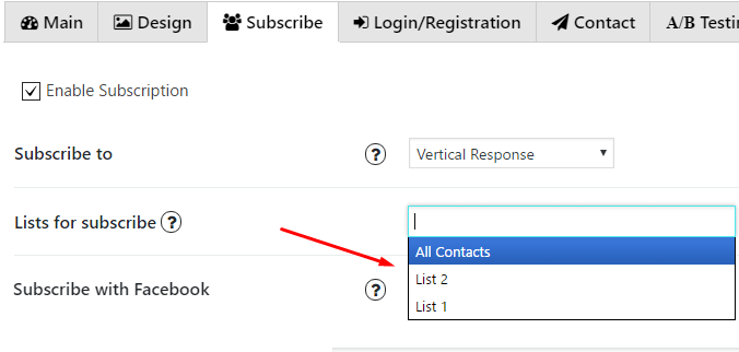 Choose a list for subscribe in Vertical Response