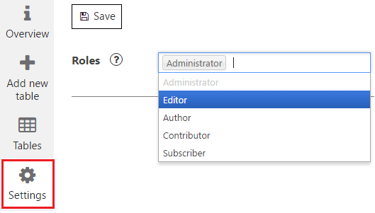 Data Tables Settings tab Data Tables Settings tab