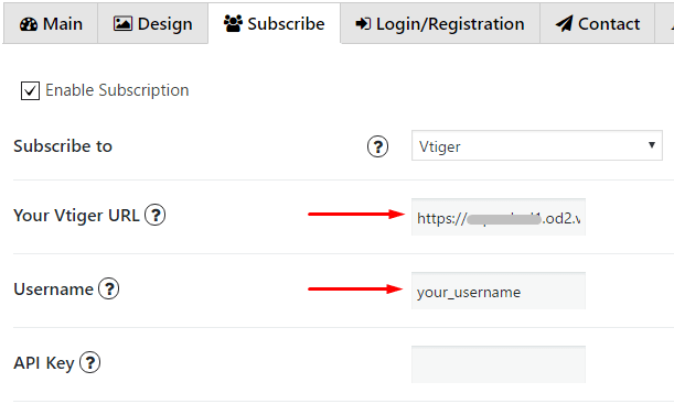 Insert URL and your Username in Vtiger