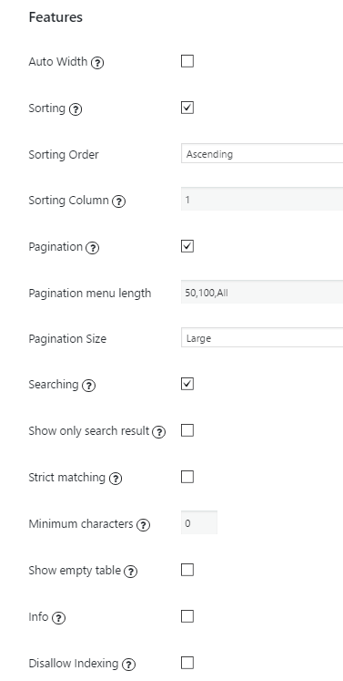 Features of WordPress Data Tables