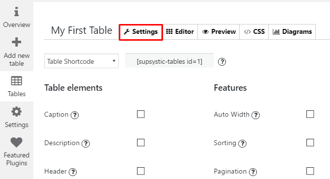 Settings tab in WordPress Data Tables Settings tab in WordPress Data Tables