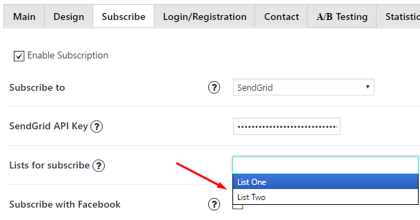 SendGrid choose a list for subscribe