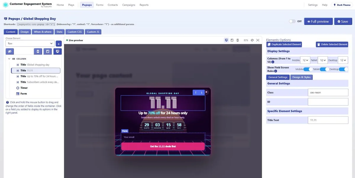 The CES popup editor: an element picked in the live preview, its options on the right