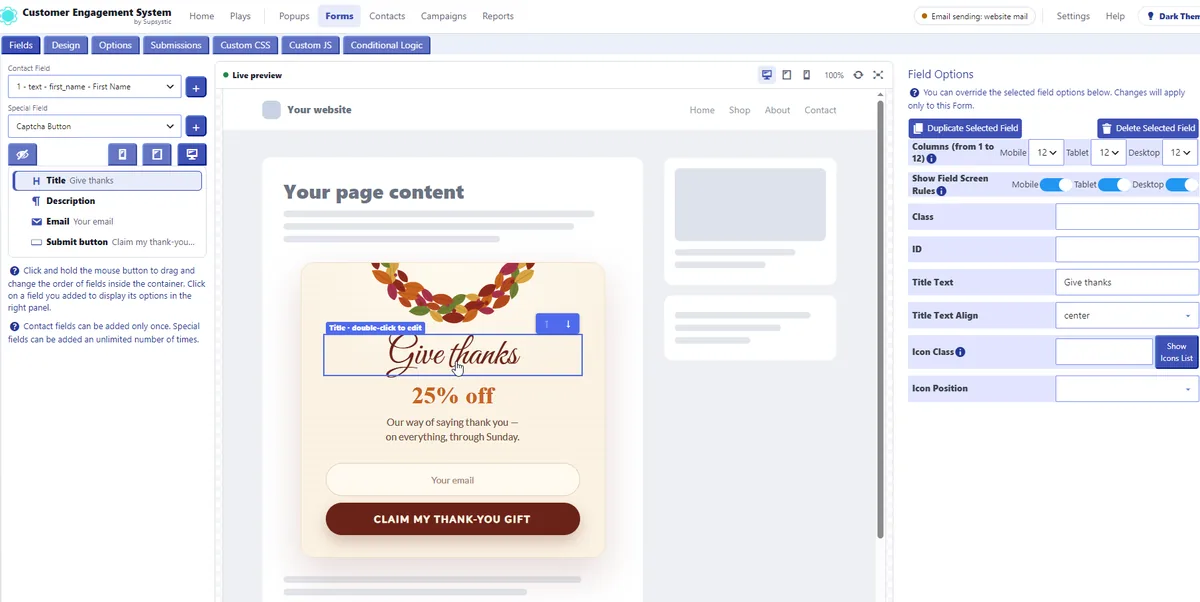 The CES form builder: a field picked in the form, its options on the right