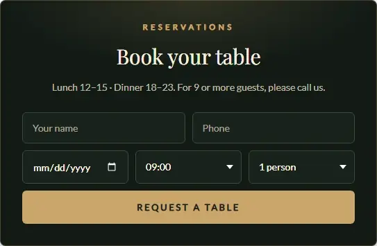 Restaurant Table Booking form template