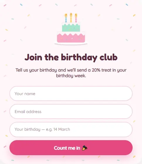 Birthday Club Treat form template