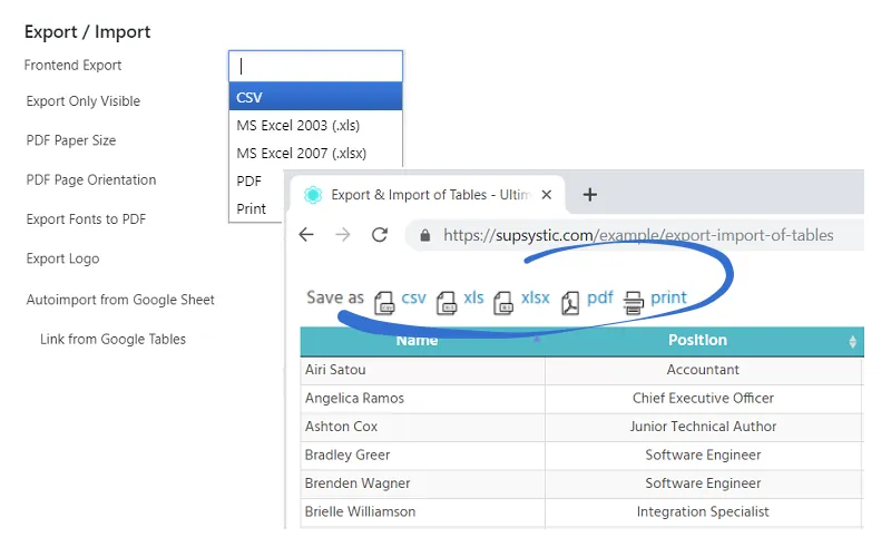 WordPress data table example: Export and Import