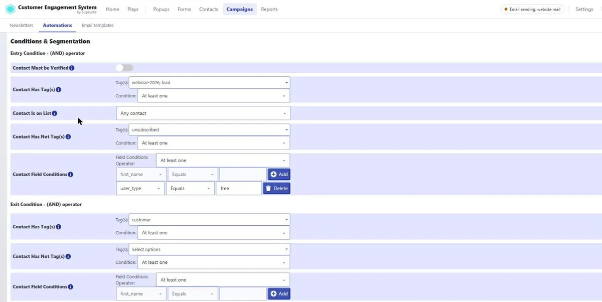 CES campaign entry and exit conditions with tags, lists and field rules