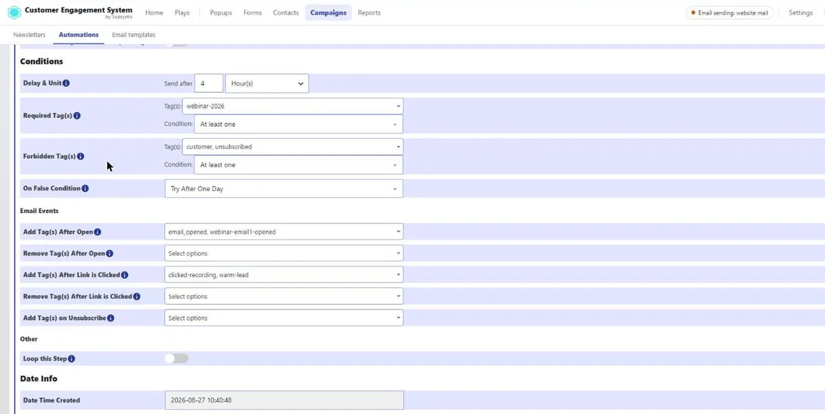 CES step conditions: delay, required and forbidden tags, tag actions on open and click
