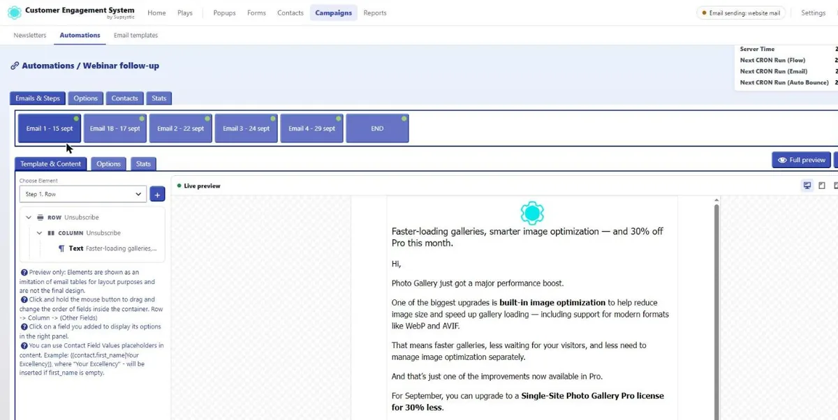 The CES email step editor: element tree on the left, live preview on the right