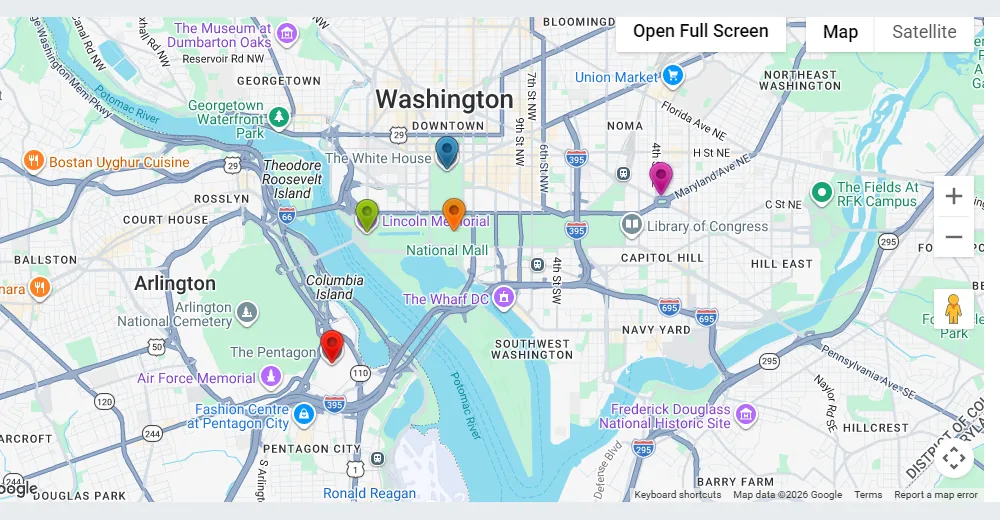 A Google Maps Easy map of Washington with custom colour markers and a marker description
