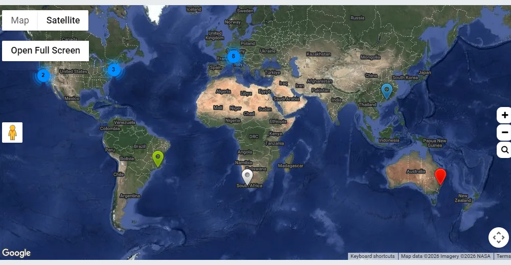 A satellite world map with clustered markers built with Google Maps Easy