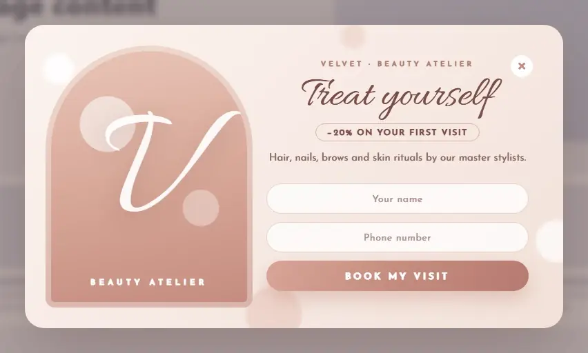 Beauty Salon Velvet Booking popup template