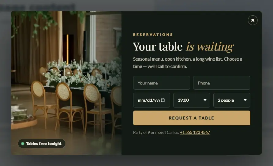 Restaurant Table Booking popup template