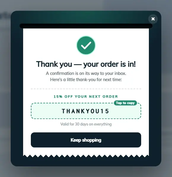 Thank You Next Order Coupon popup template