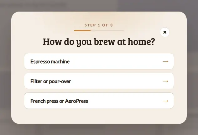 Product Finder Quiz Coffee Roast popup template