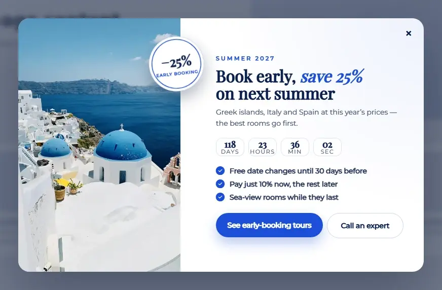 Early Booking Santorini popup template