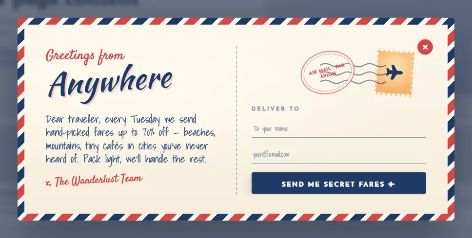 Travel Postcard Deals popup template