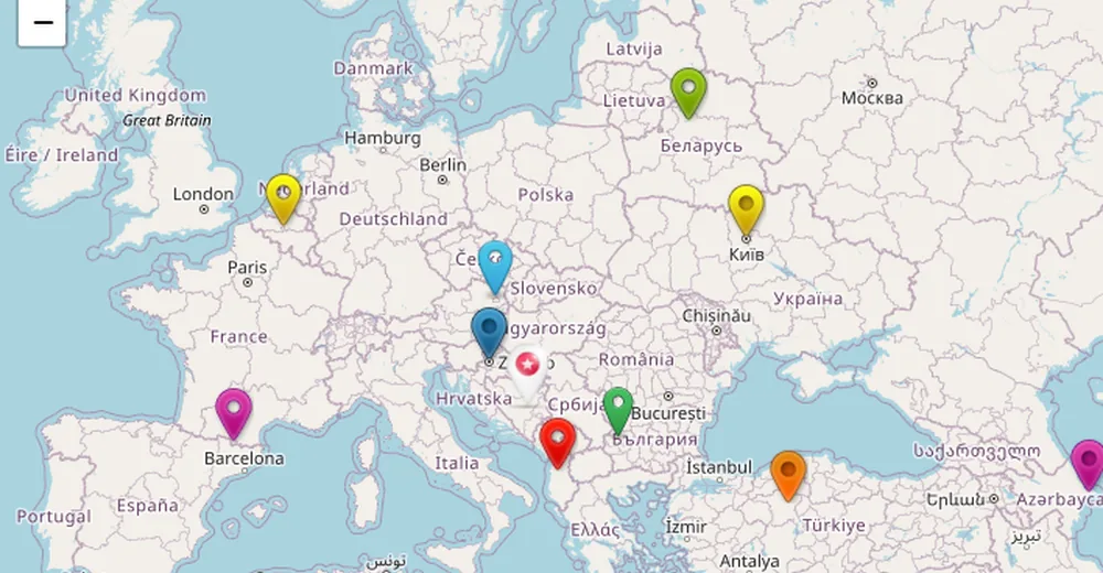 An Ultimate Maps map of Europe on OpenStreetMap tiles with custom colour markers