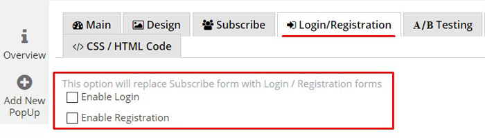 popup login registration option