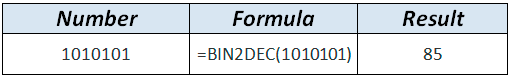 BIN2DEC formula example in WordPress Tables Generator