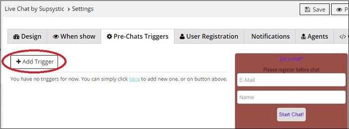 Pre-Chat Triggers tab in WordPress Live Chat