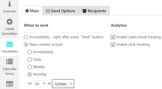 Newsletter Main Tab Settings