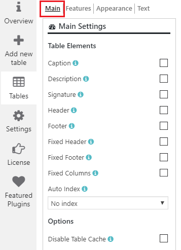 data table main settings