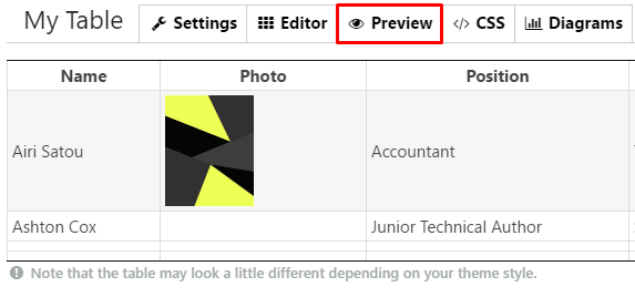 Preview tab in WordPress Data Tables