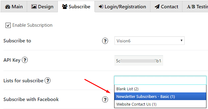 Choose a list for subscribe Vision6