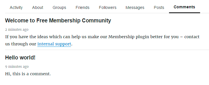Comments tab of membership profile
