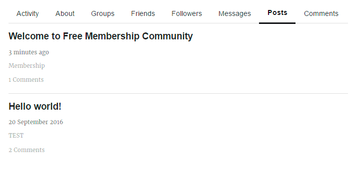 Posts tab of membership profile