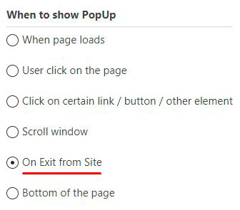 On Exit from Site Popup option