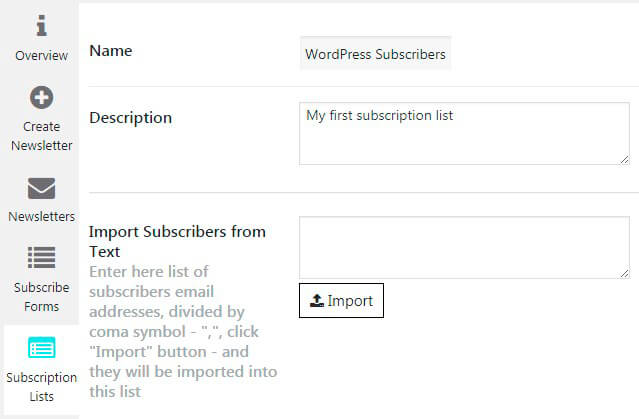 Subscription list Settings