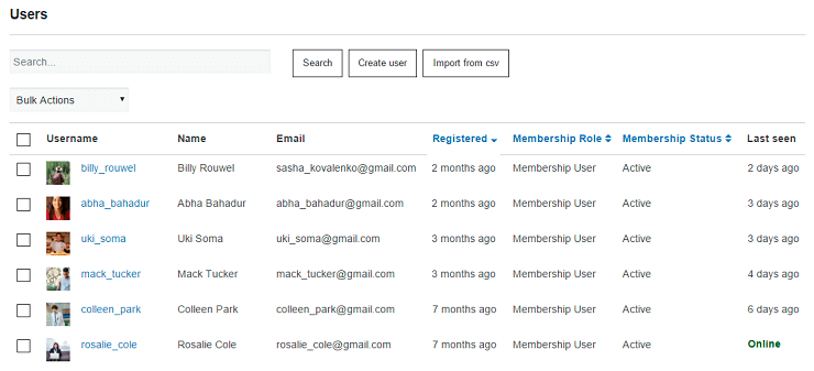 Users Tab of Membership Plugin