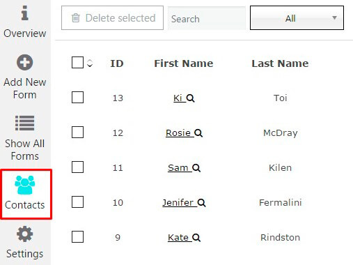 Contacts list of Contact form