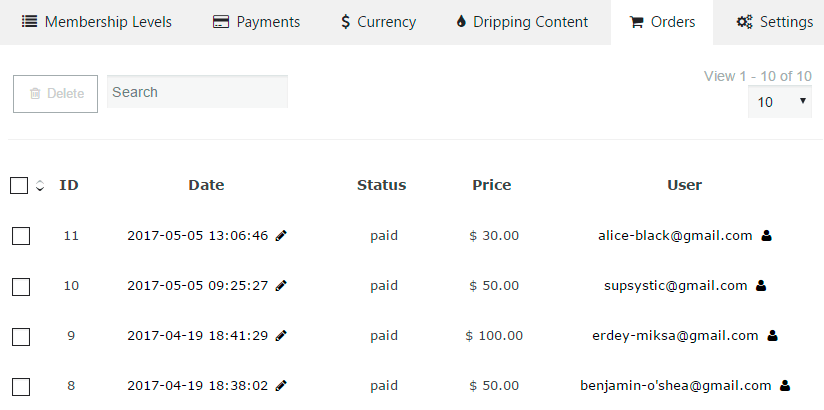 Membership Ecommerce Orders Settings