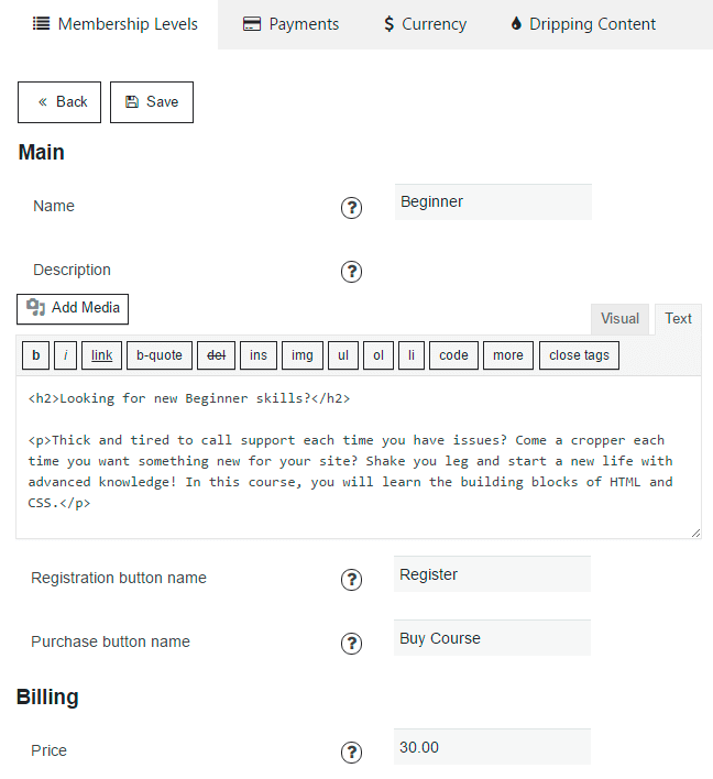 Membership Level Description