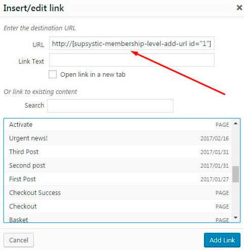 Membership plugin-Insert/edit link