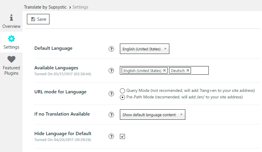 Translation Plugin Settings
