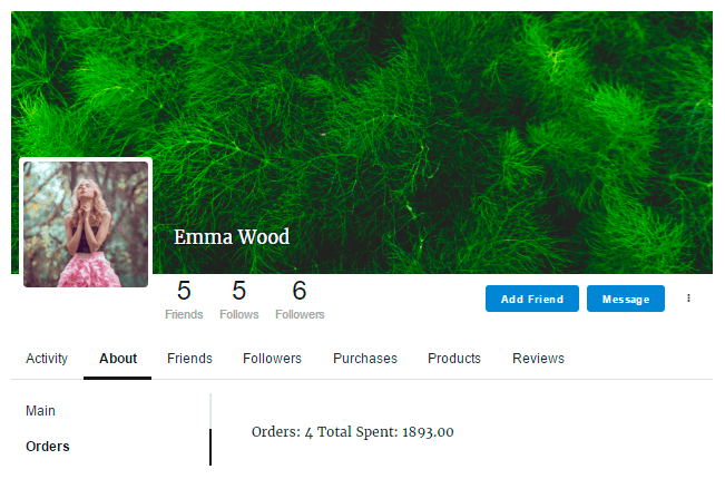 Orders section in About tab of Membership User profile