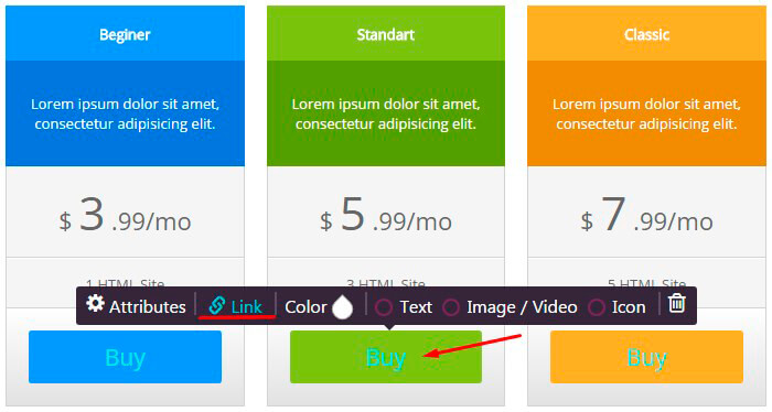 Buy button settings of Pricing Table
