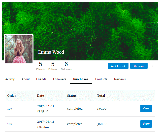 Purchase tab of Membership Profile
