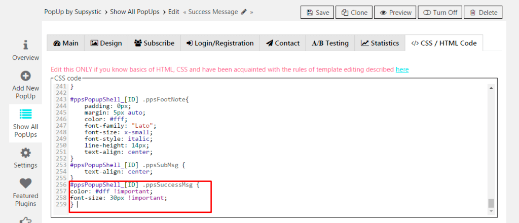 Change PopUp Success Message Color and Size. CSS Window Code