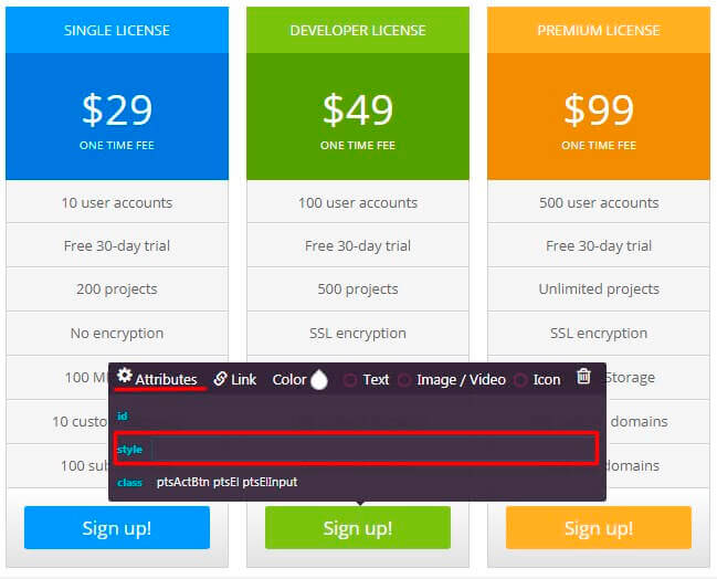 Pricing Table Attributes Tab