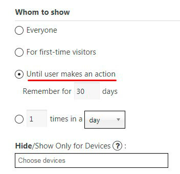 Until user makes an action (Subscribe / Share / Like) Popup