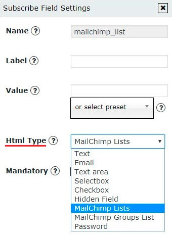 Subscribe Field Settings for MailChimp List