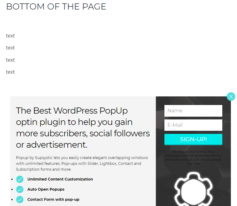 bottom of the page popup trigger