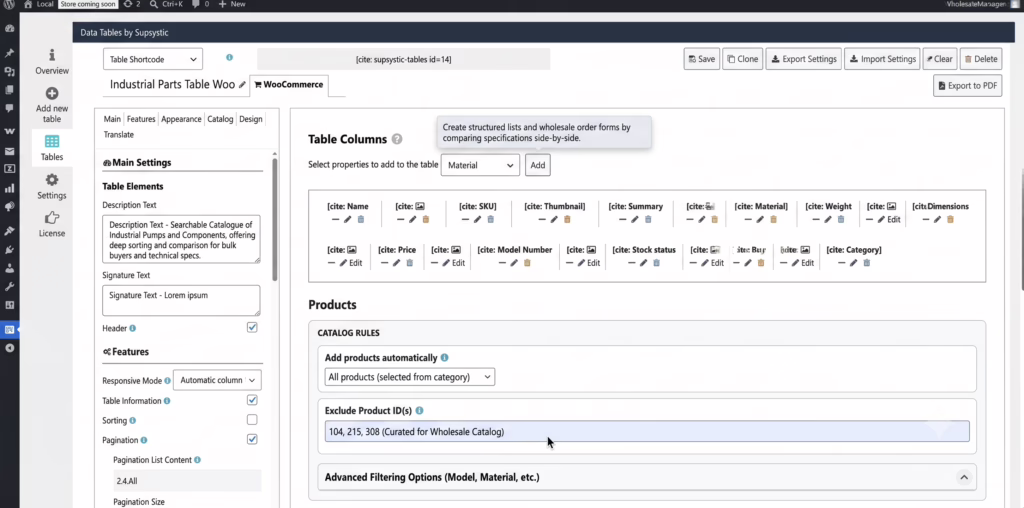 WooCommerce product tables